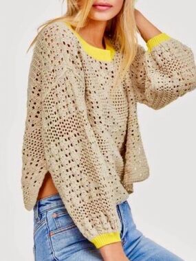 Free People Home Run Khaki Crotchet Cropped Sweater XS
